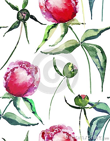 Beautiful tender gentle wonderful lovely cute spring floral herbal peonies with green leaves pattern watercolor hand sketch Stock Photo