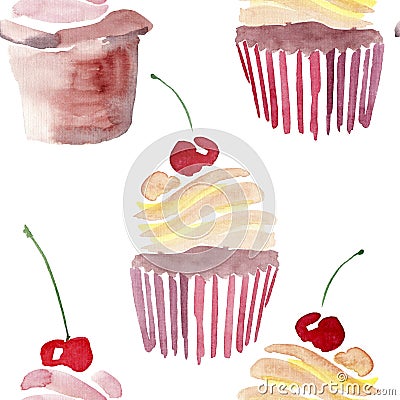 Beautiful tender lovely cute delicious tasty yummy summer dessert two cupcakes with red cherry and beige cream Cartoon Illustration