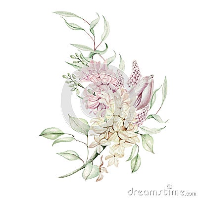 Beautiful tender watercolor bouquet with different flowers of hyacinth, tulips, violet Stock Photo