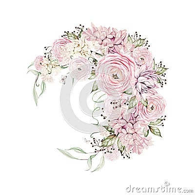 Beautiful tender watercolor wreath with different flowers of ranunculus, tulips, leaves Stock Photo