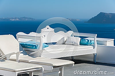 Beautiful terrace with view of the caldera - Santorini Stock Photo