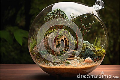 Beautiful terrarium with plants, tress and flowers inside Stock Photo
