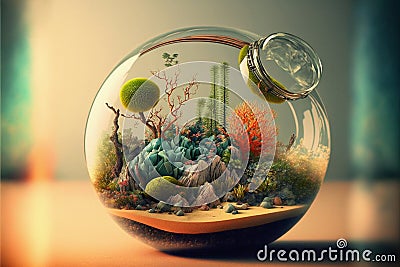 Beautiful terrarium with plants, tress and flowers inside Stock Photo