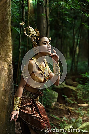 Beautiful Thai lady in Thai traditional drama dress Stock Photo