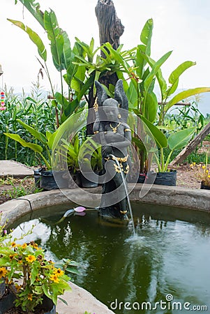 A beautiful Thai-style fairy statue standing in a pool of home g Stock Photo