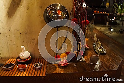 Thai style spa decorations on wooden shelf Stock Photo