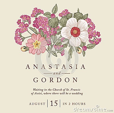 Wedding thanks invitation. Beautiful realistic flowers heliotrope card. Frame, label. Vector engraving victorian Illustration. Vector Illustration