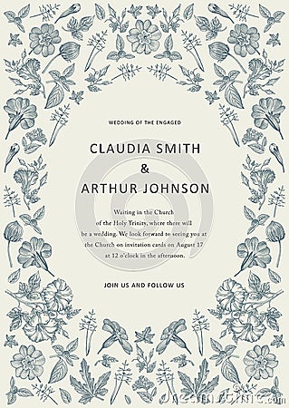 Wedding thanks invitation. Beautiful realistic flowers heliotrope card. Frame Petunia. Vector engraving victorian Illustration Vector Illustration