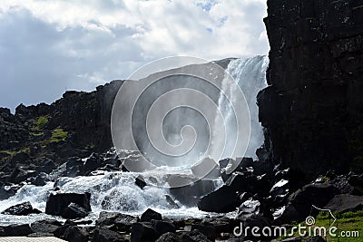 Beautiful Thingvellir Waterfall in Iceland in Summer Stock Photo