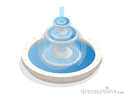 Beautiful three-level round fountain. A zone of rest and relaxation. Flat vector isometric on white background Vector Illustration