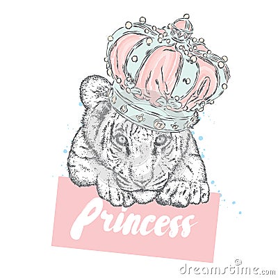 A beautiful tiger cub in the crown. Vector illustration. Vector Illustration