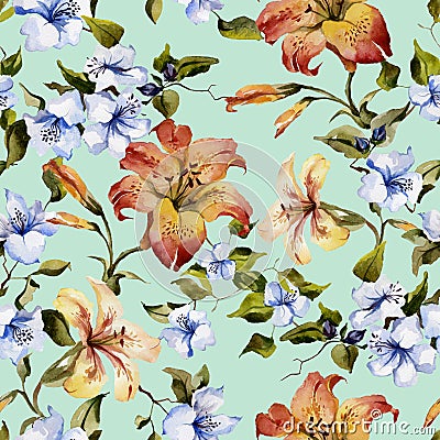 Beautiful tiger lilies and small blue flowers on twigs against light blue background. Seamless floral pattern. Watercolor painting Cartoon Illustration