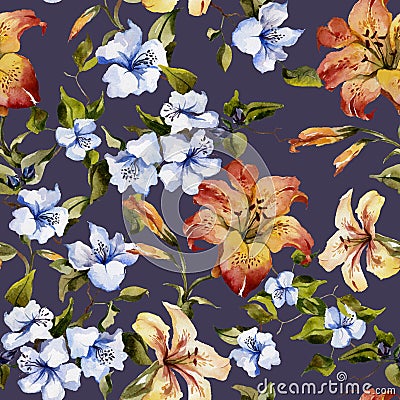 Beautiful tiger lilies and small blue flowers on twigs on deep purple background. Seamless floral pattern. Watercolor painting. Cartoon Illustration