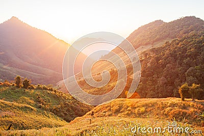 Beautiful time. Bright and colorful scenic landscape. Golden sunlight shines down around the mountains and paddy fields. Fantastic Stock Photo