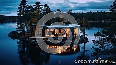 A beautiful tiny house in the middle of the lake in Sweden that looks like a blue orchid with beautiful modern curved interior Stock Photo