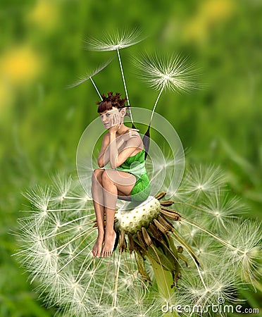 Beautiful tiny little Dandelion Fae sitting on a dandelion flower Stock Photo