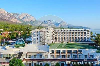 Beautiful top view of Fore Resort & Spa 5* hotel against backdrop of sea and mountains, Kemer, Turkey Editorial Stock Photo