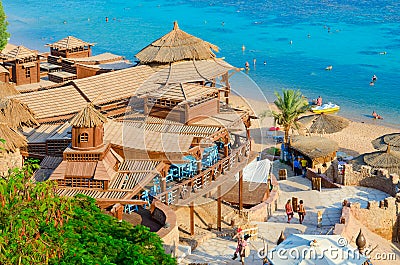 Beautiful top view of popular cafe on Red Sea coast in Ras Um Sid bay in Hadaba district Sharm El Sheikh Egypt Editorial Stock Photo