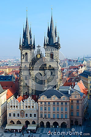 Beautiful top view of Tyn Church in historic center of Prague, Stare Mesto, Czech Republic Editorial Stock Photo