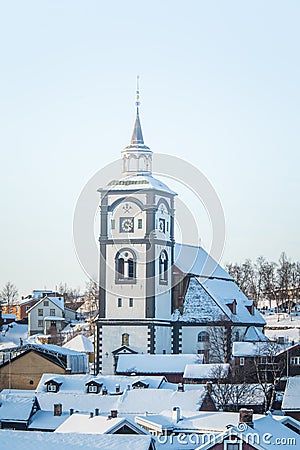 A beautiful tower of Roros church in central Norway. World heritage site. Stock Photo