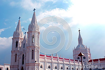 Beautiful towers of the world famous basilica of Our Lady of Good Health in velankanni. Stock Photo