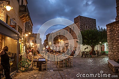 The beautiful town of Areopoli with traditional architectural buildings and stoned houses in Laconia, Greece Editorial Stock Photo