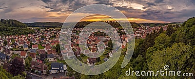A beautiful town at the sunset in Badem Wuertemberg germany called Albstadt, view from a drone. Stock Photo