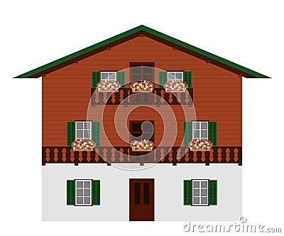 Beautiful traditional austrian wooden mountain house, isolated. Alpine chalet. Vector illustration. Vector Illustration