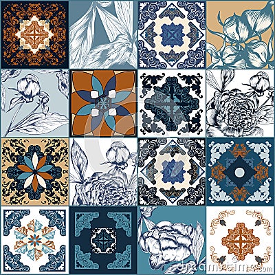 Beautiful traditional decorative color tiles azulejos in Portuguese style. Abstract background. Vector hand drawn illustration, Vector Illustration