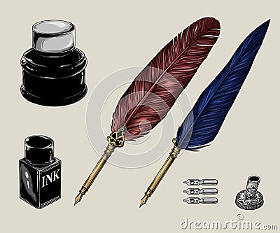 Beautiful Traditional Vintage Quill Pen Colored Illustration Vector Illustration