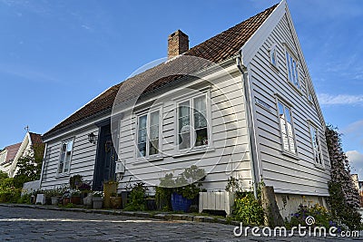 beautiful traditional white wooden houses, Stavanger Editorial Stock Photo
