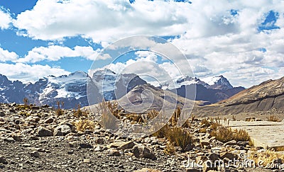 Beautiful trail from the mountain range in the Andean mountains to the Pastoruri glacier, in the HuascarÃ¡n National Park Stock Photo