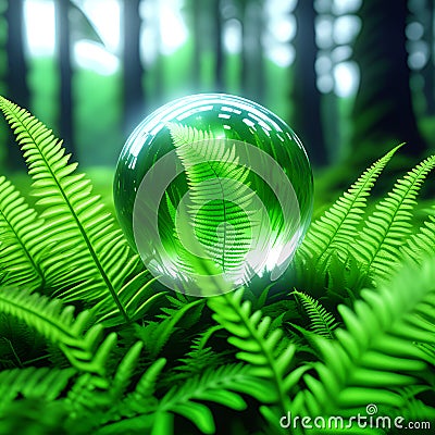 A beautiful transparent glass ball lies on a green fern Stock Photo