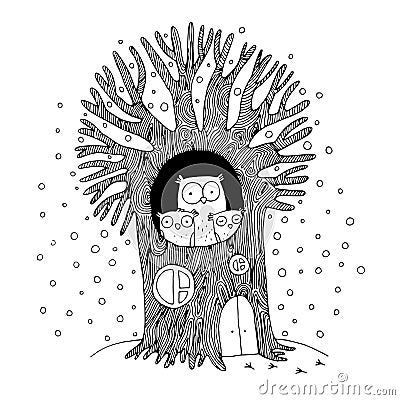 Beautiful tree and family of owls. Winter. Vector Illustration