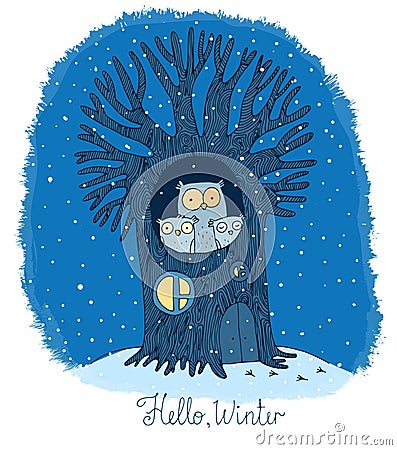 Beautiful tree and family of owls. Winter. Vector Illustration