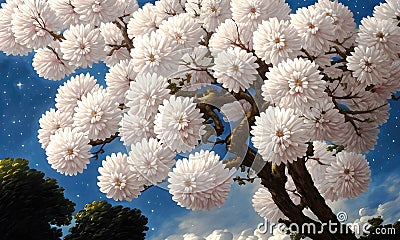 Beautiful tree full of white flowers, cherry blossom magic tree, beautiful flowers background. Generative Ai Cartoon Illustration