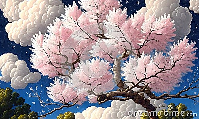 Beautiful tree full of white flowers, cherry blossom magic tree, beautiful flowers background. Generative Ai Cartoon Illustration