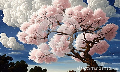 Beautiful tree full of white flowers, cherry blossom magic tree, beautiful flowers background. Generative Ai Cartoon Illustration