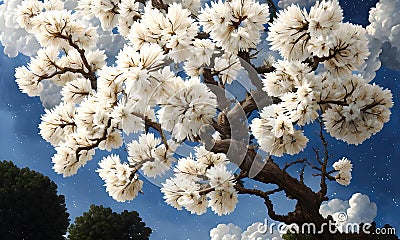 Beautiful tree full of white flowers, cherry blossom magic tree, beautiful flowers background. Generative Ai Cartoon Illustration