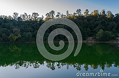 Beautiful tree line and its reflection in Deoria Tal during sunrise. Stock Photo