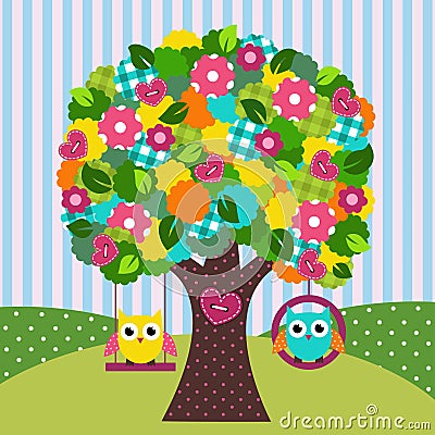 Beautiful tree with owls on swings Vector Illustration