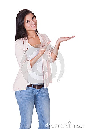Beautiful trendy woman with an empty palm Stock Photo