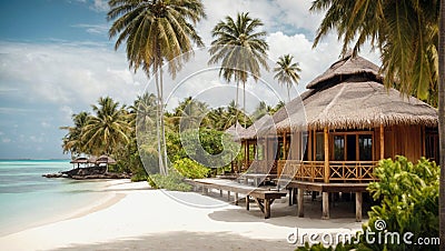 Beautiful tropical beach with bungalows and palm trees. Stock Photo