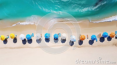 Beautiful tropical beach with colorful beach umbrellas, white sand and turquoise ocean. The perfect paradise for your holiday Stock Photo