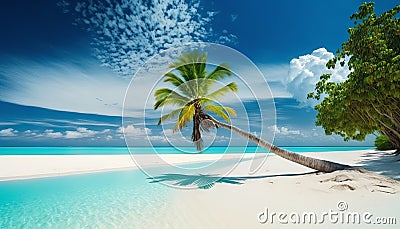 Beautiful tropical beach at Maldives with few palm trees and blue lagoon. Generative AI Stock Photo