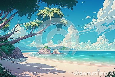 A beautiful tropical beach with no person, manga illustration Cartoon Illustration