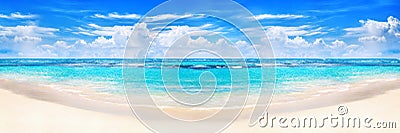 Beautiful tropical beach panorama, exotic island landscape, turquoise sea water, ocean waves, yellow sand, blue sunny sky, white c Stock Photo