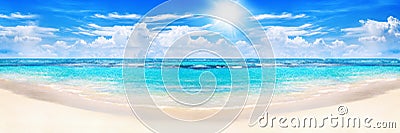 Beautiful tropical beach panoramic view, turquoise sea water, ocean waves, yellow sand, sun blue sky white clouds, summer holidays Stock Photo