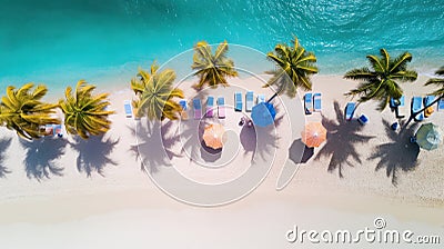 Beautiful tropical beach with beach umbrellas, white sand, palm trees and turquoise ocean. The perfect paradise Stock Photo