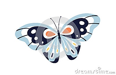 Beautiful tropical butterfly flying. Exotic moth with antennae and wings. Spring and summer insect. Abstract fauna Cartoon Illustration